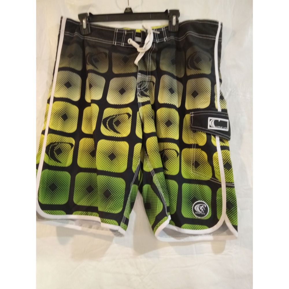 Wave Life Mens XL Board Shorts Neon Green Black Geometric Halftone Swim Trunks